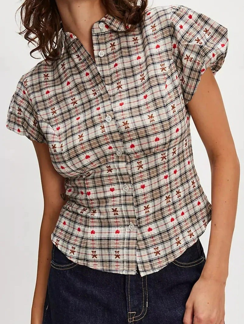 

French Chic Plaid Puff Sleeve Shirt Blouse Sexy Cotton Vintage Waist-Cinching Peter Pan Collar Button Y2K Casual Ladies Top New