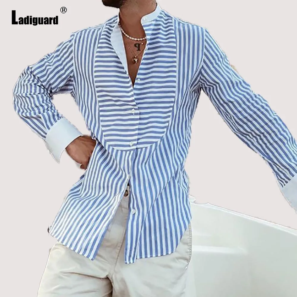 European Fashion Party Shirts Blouse Men Vintage Stripes Tunic Wear 2024 New Spring Basic Tops Men's Casual Retro Shirt blusas