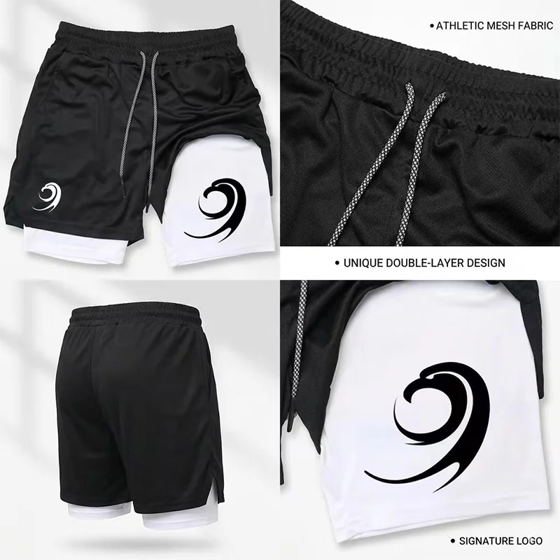 Men's Tight Fitting 2-in-1 Shorts Compression Tight Fit Elastic Breathable Running Quick Drying Summer Men Short WX153