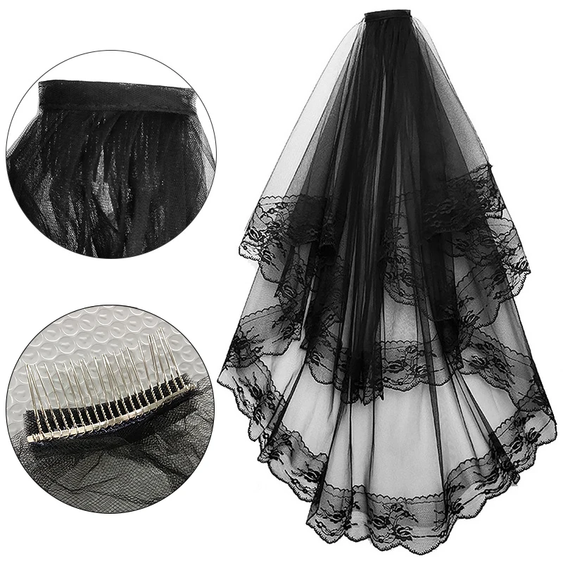 Elegant Two Layers Lace Bridal Veil Black White Wedding Veils with Comb Short Bridal Veils Cosplay Costume Hair Accessories