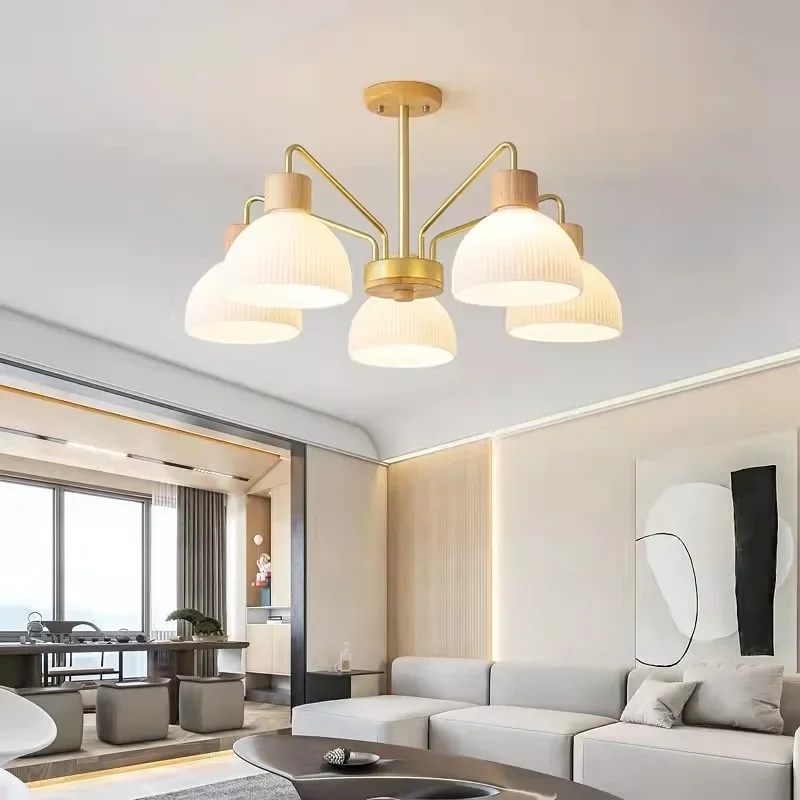 Nordic Light Luxury Wood Japan Style Pendant Light Living Dining Room Rubber Glass Lamp Shade Bedroom Chandelier Simple Lighting