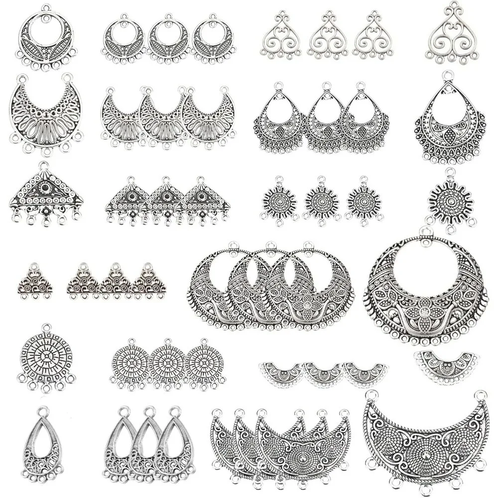 1Box 48Pcs 12 Style Chandelier Connector Charms Earring Findings Multi Loops Bohemian Charms Antique Silver Round Teardrop