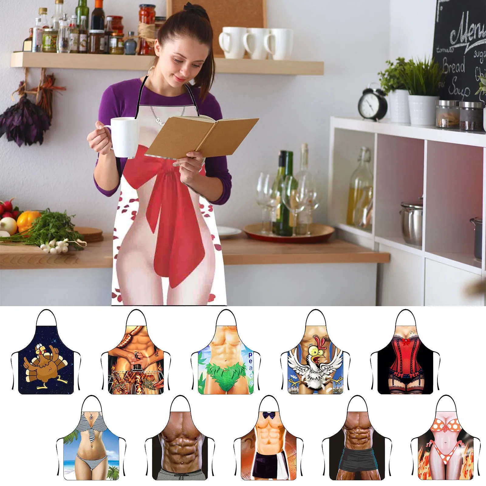 Funny Kitchen Apron Digital Printed Muscle Man Sexy Women Home Cleaning Party Personality Creative Pattern Kitchen Accessories