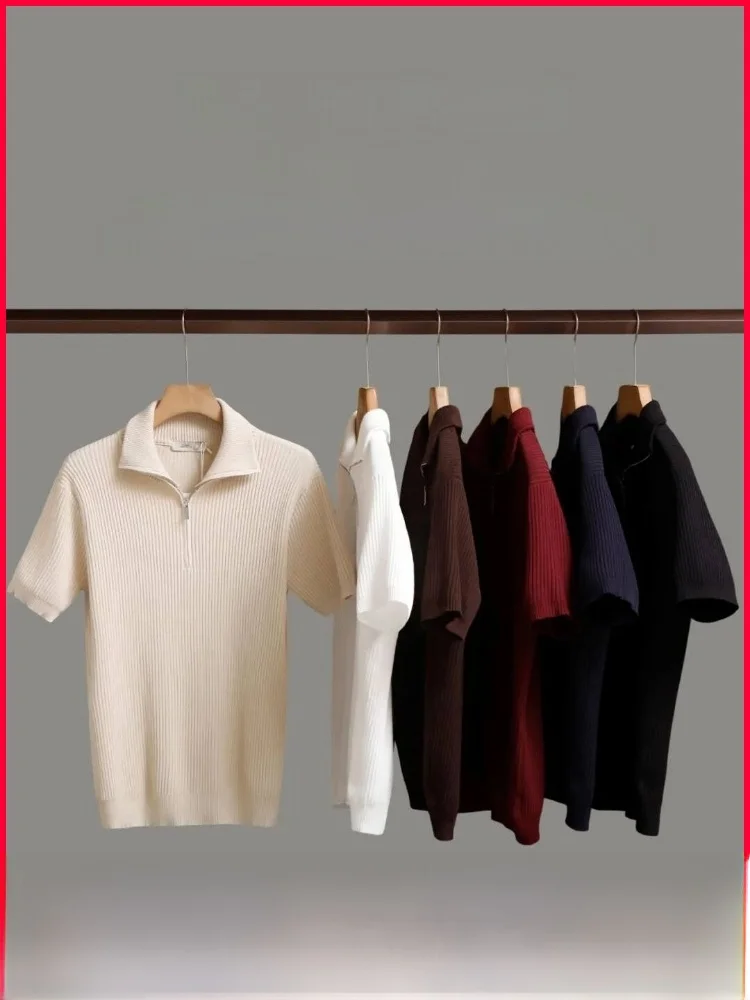 

Удобная вязаная футболка с коротким рукавом для мужчин, легкая, деловая серия, с молнией до середины, мягкая, приятная к коже, дышащая