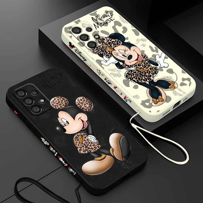 Leopard Print Mickey Minnie Phone Case For Samsung A73 A53 A33 A52 A32 A71 A51 A21S A50 A30 5G Liquid Left Rope Soft Cover