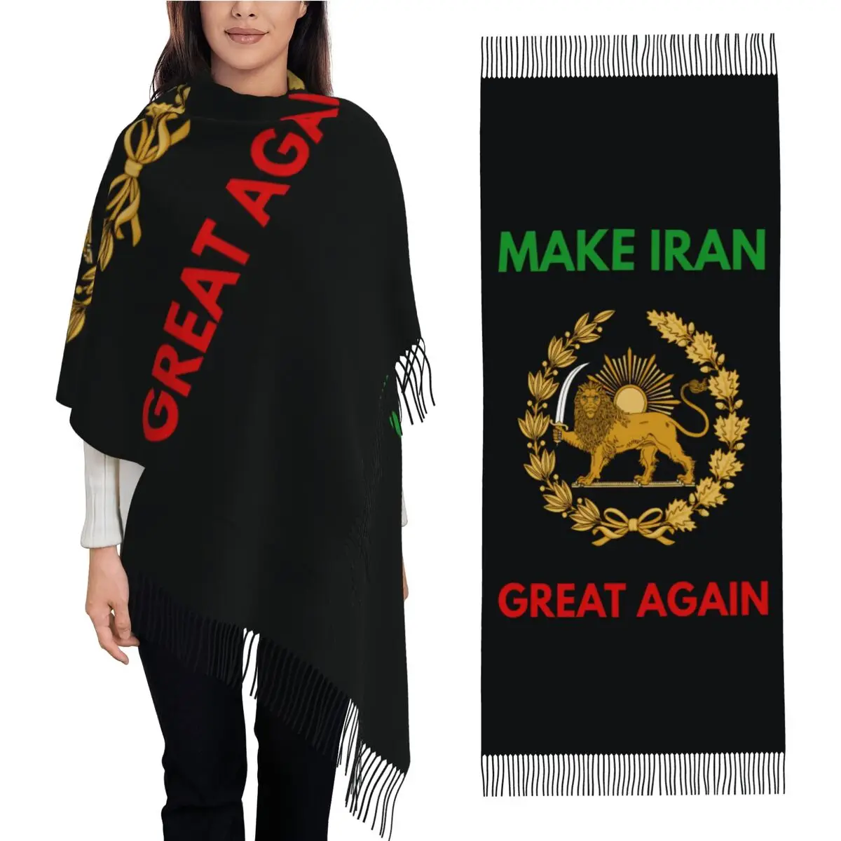 

Шарф с эмблемой льва и солнца Широ Хоршид «Сделаем Иран великой снова» для женщин, большой размер, с длинными кисточками, зимняя шаль-накидка, фулярд