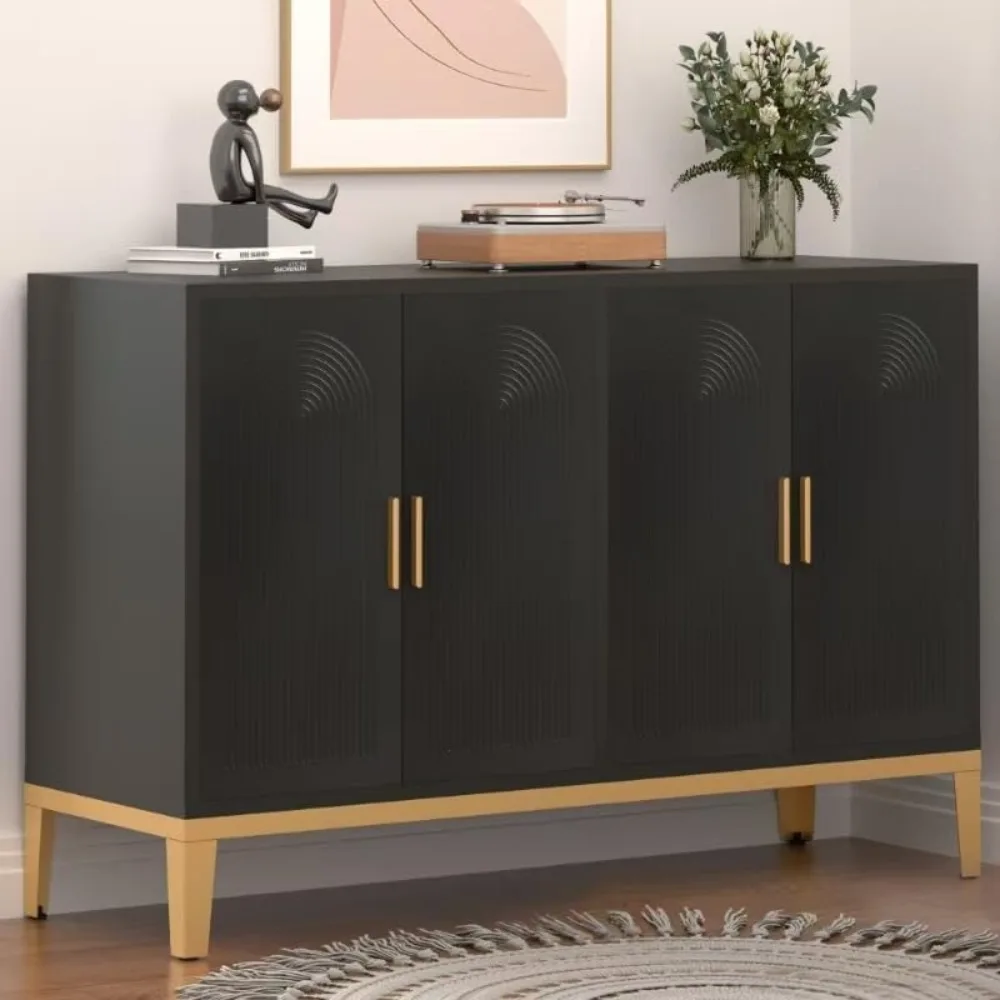 

48" Black Sideboard Buffet Cabinet with Storage, Mid Century Modern Console Accent Cabinet with 4 Carved Arched-Line Doors