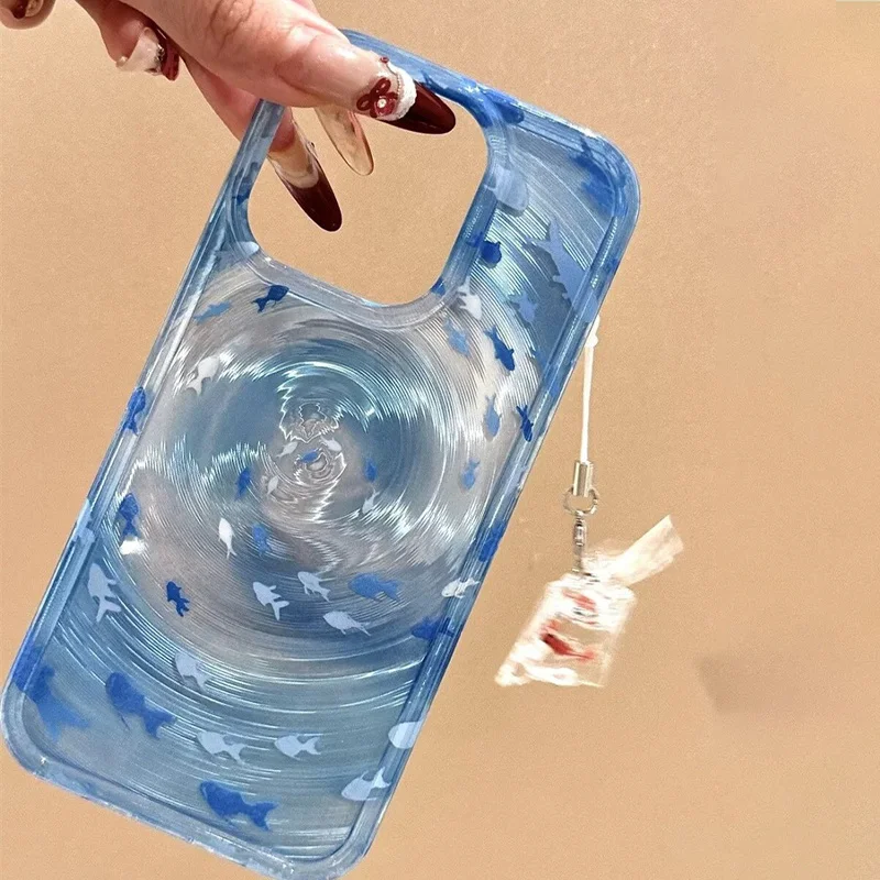 Transparent Blue Whirlpool Small Fish Phone Case with Carp Pendant for iPhone 11 12 13 14 15 16 promax - náhled 2