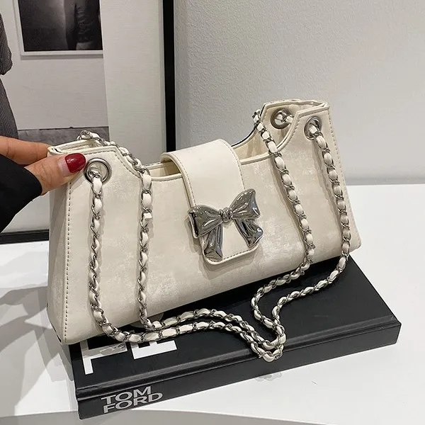 

Elegant Bow Detail Handbag - Minimalist Solid Color Purse for Women, Multi-Way Shoulder & Crossbody Bag