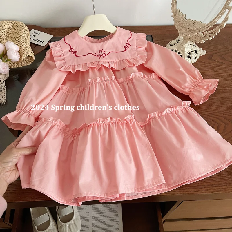 

Children's Dress Spring New Girls' Turn-down Collar Embroidered Long Sleeve Dress Little Girl Princess Dress