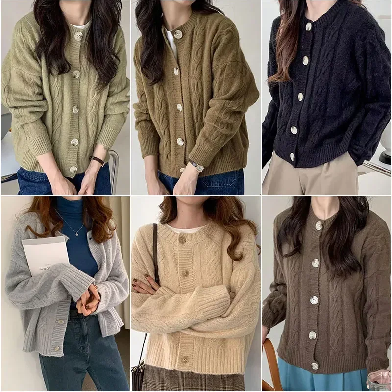 Korean Style Knit Cardigan Solid Single Breasted Thicken Loose Oversized Knitwears 2023 Autumn New Vintage Y2K Knitted Coat