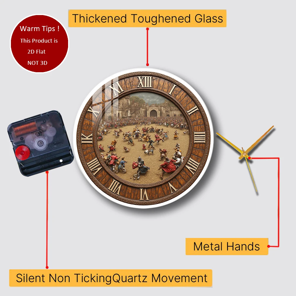 Tempered Glass Wall Clock Medieval Crowd Battle Scene Suitable For Wall Decor or Tabletop Display Anywhere