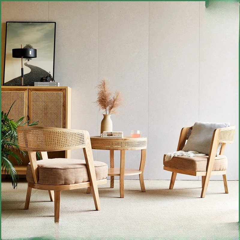 The product can be customized.Home living room rattan chair three-piece Nordic solid wood leisure lounge chair B&