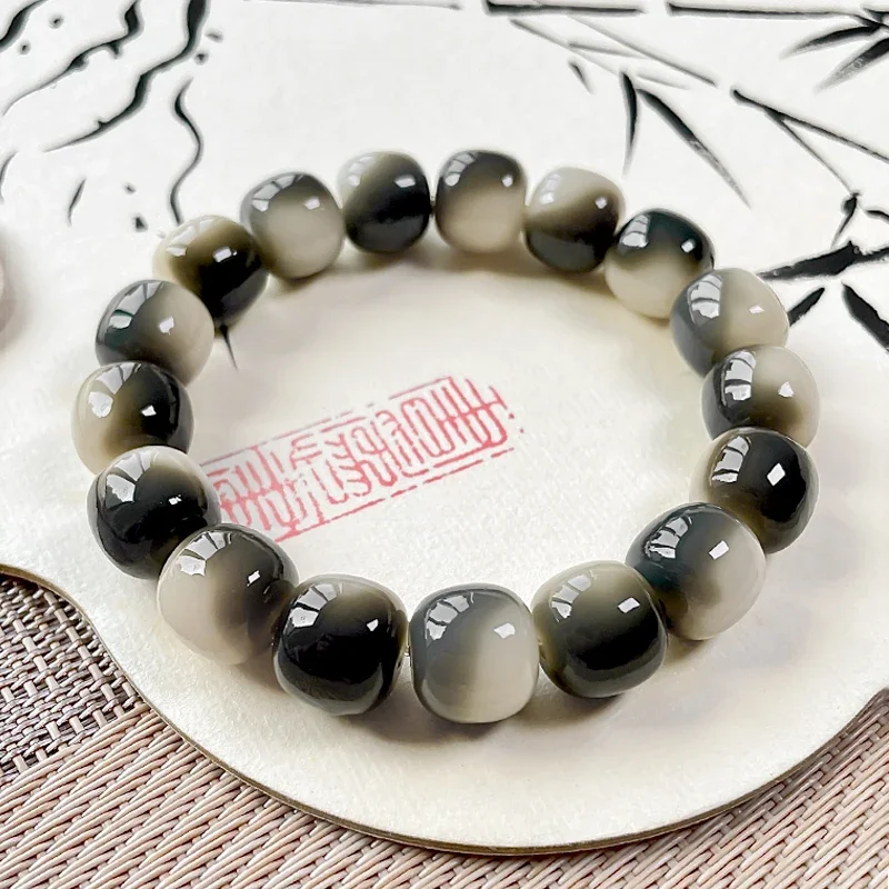 

Ink Floating Flower White Jade Bodhi Bracelet Female Wrinkle Soft Student Wen Play Bodhi Root Bodhi Plate Play Bead Hand String