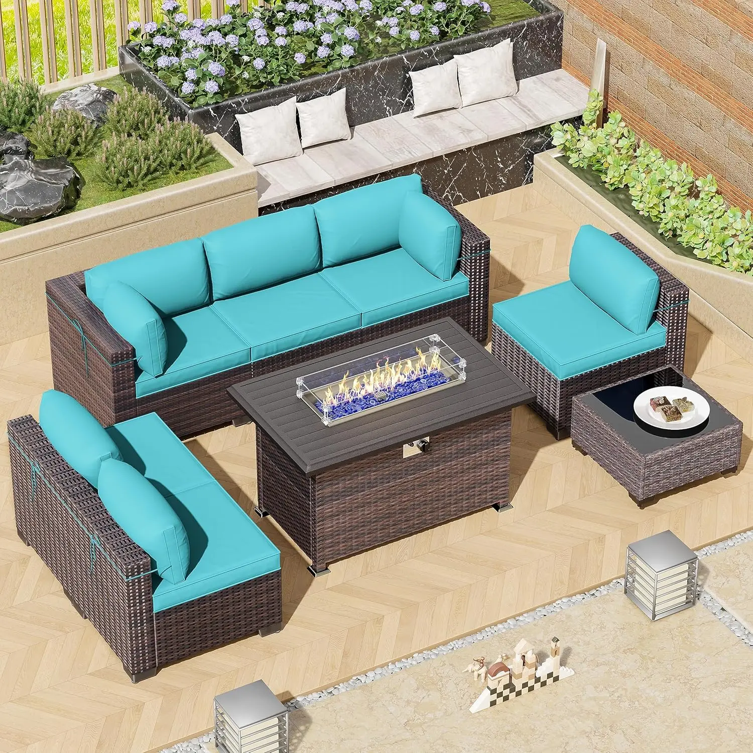 Outdoor Patio Furniture Set with  Fire Pit Table, Outdoor Furniture Patio Sectional Sofas  Sets Gas Fire Table & Coffee Table