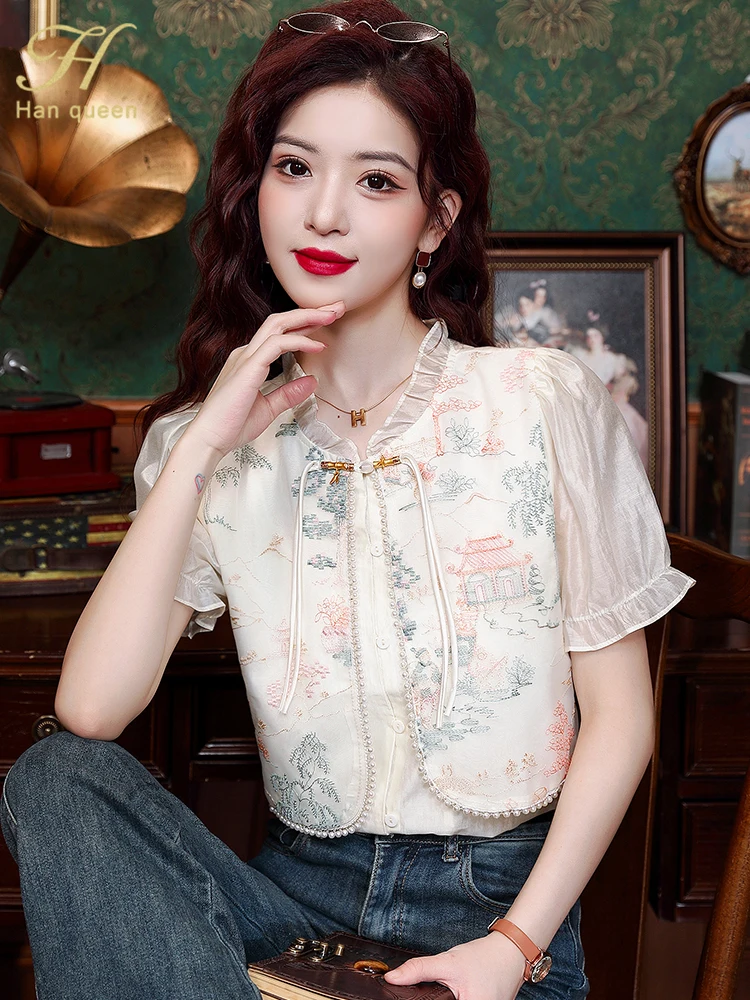 H Han Queen Women\'s Sumer Clothes Blouses Korean Chic Embroider Chiffon Blouse Work Casual Top Simple Vintage Short Sleeve Shirt