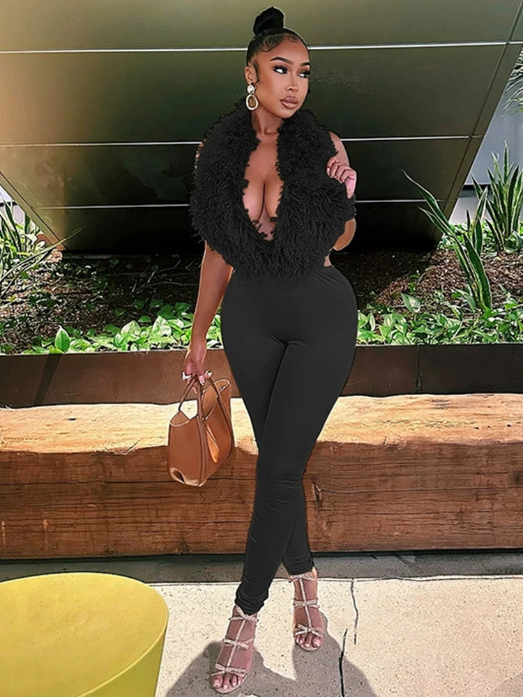 Nibber Hipster-Conjunto de 2 piezas para mujer, chaleco sin espalda con cuello en V y borlas de felpa con cordones y pantalones de alta elasticidad, trajes sexys de medianoche