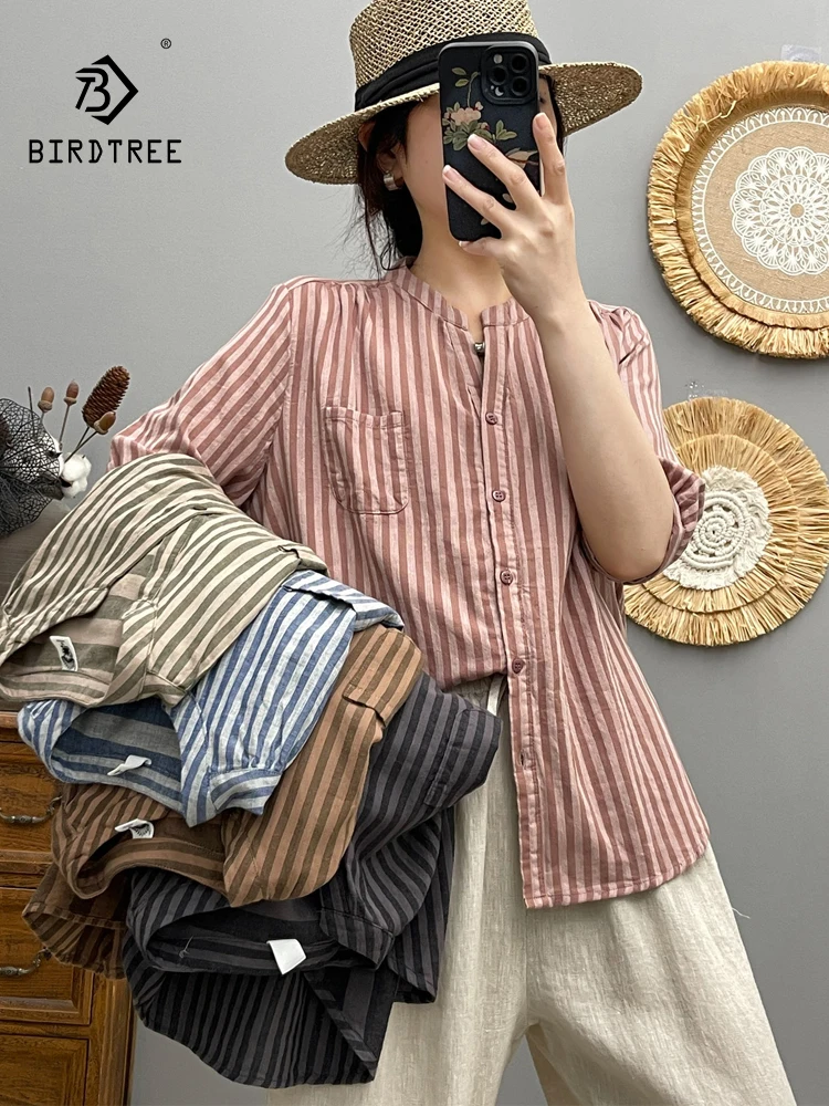 

New 2025 Summer Cotton Yarn Half Sleeve Shirt, Women V Neck Striped, Mori Girl Soft Retro Versatile Casual Loose Blouse T55944CC
