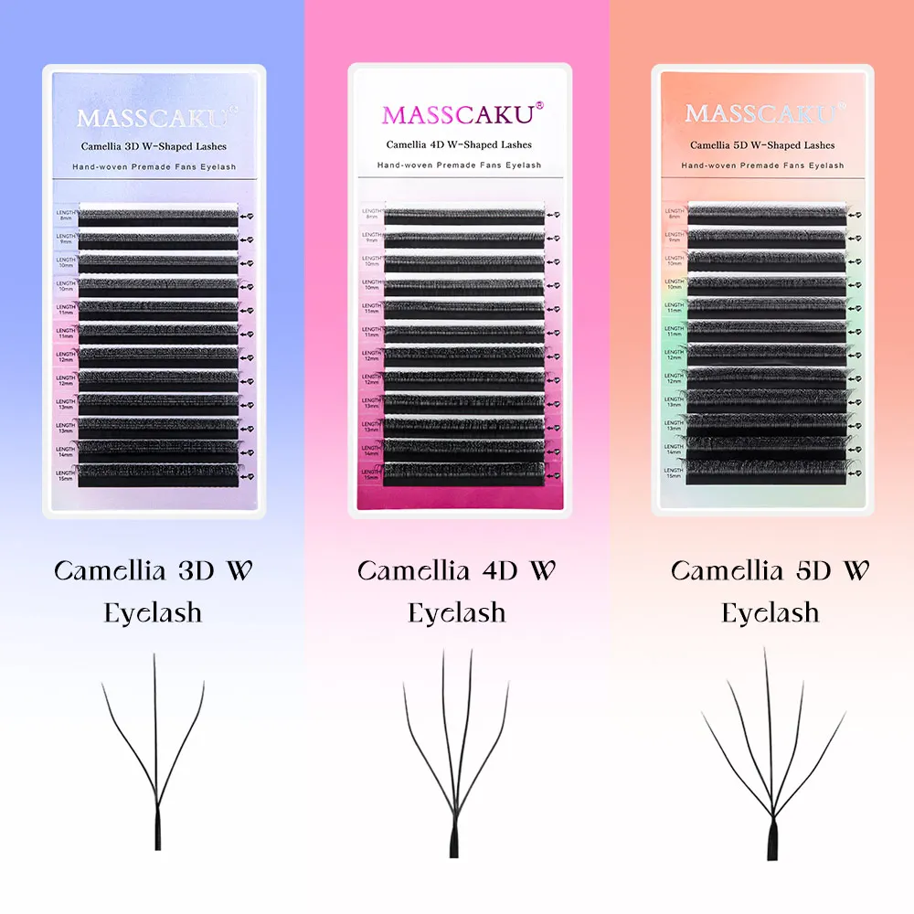 Pestañas Postizas MASSCAKU Camellia 3D/4D/5D en Forma de W, Mega Volumen, Preformadas, Súper Suaves, Ligeras, Densas, de 8-15 mm, Mixtas