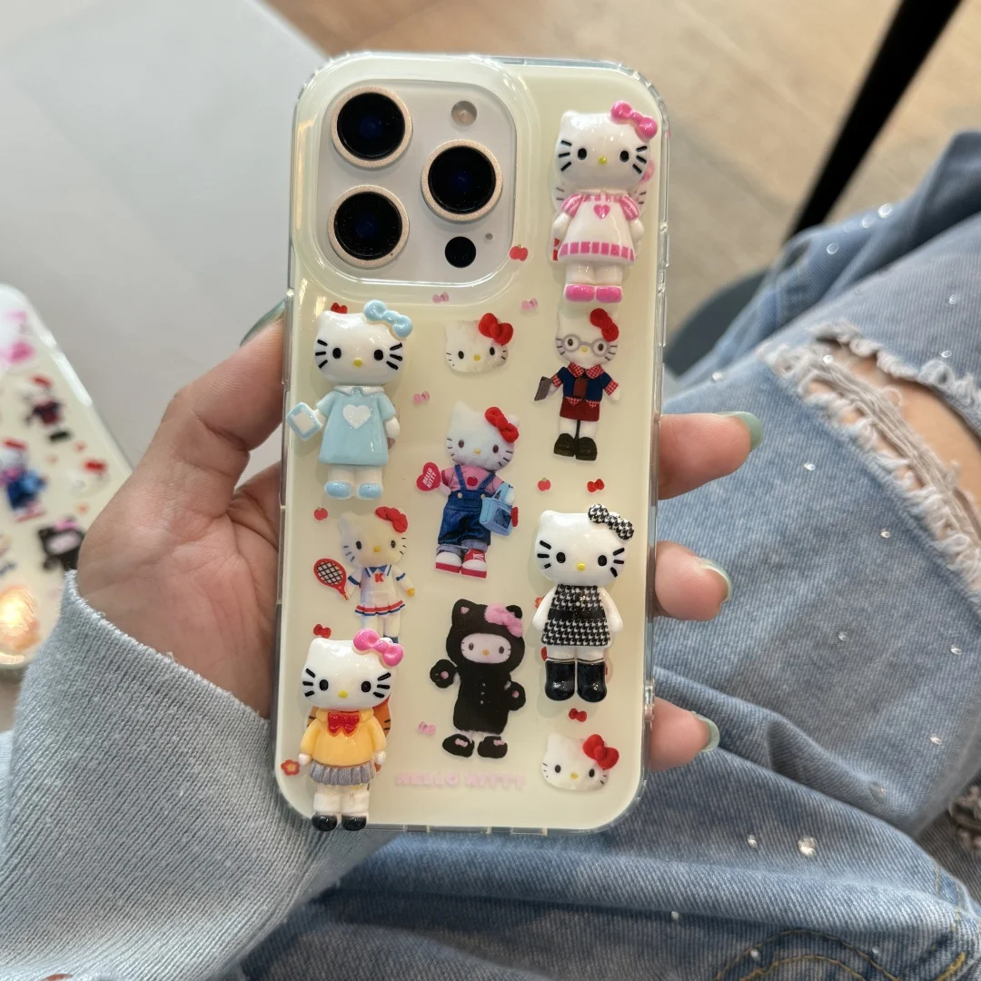 

3D Stereoscopic mini toy DIY Cartoon Hello Kitty Cute Accessories Phone Case For iPhone 15 4 16 Pro Max Luxury Cover