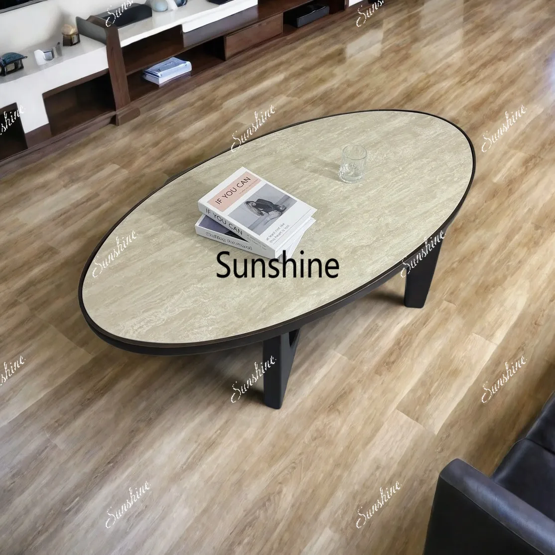 Minimalist medieval style embedded rock slab travertine hemming solid wood coffee table