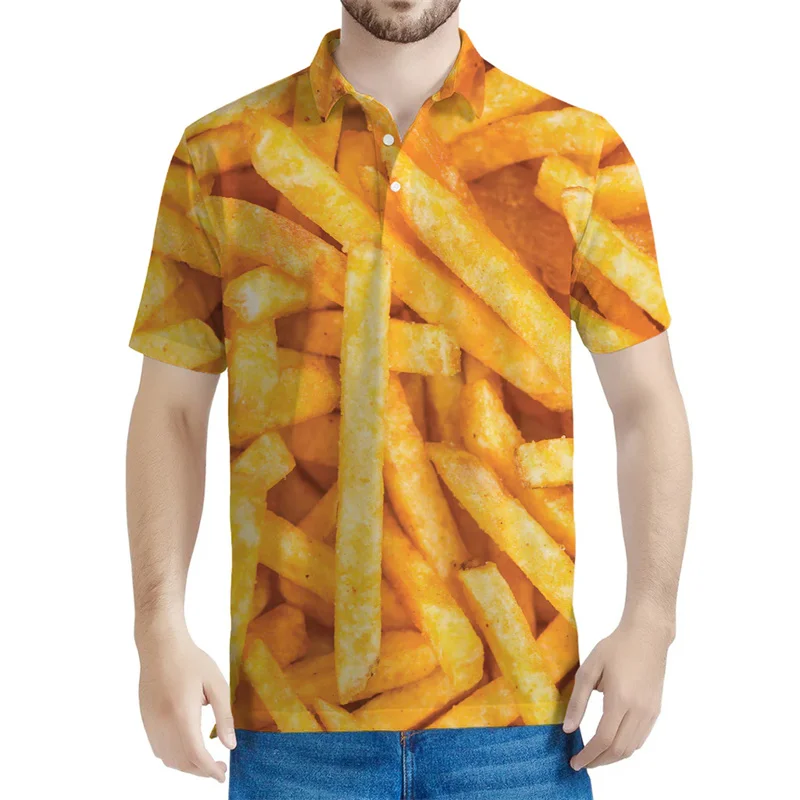 Kaus Polo pria pola kartun kentang goreng, kaus T-Shirt bercetak 3D kasual anak-anak, T-Shirt kerah kancing lengan pendek