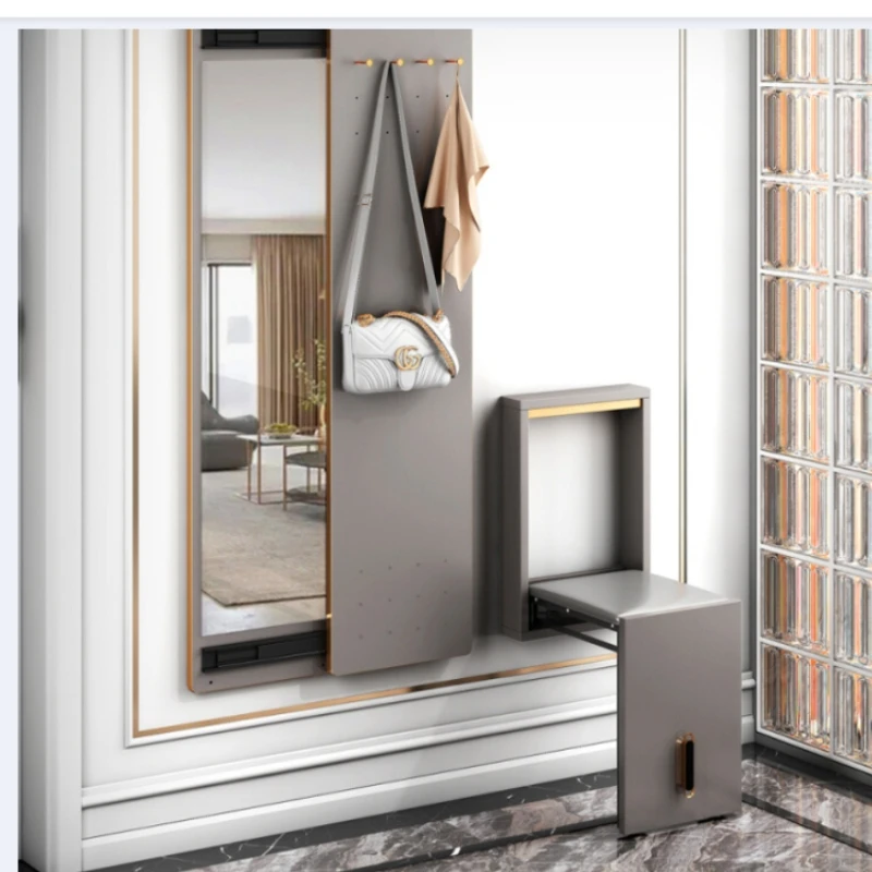 

Light luxury ultra-thin folding shoe change stool full-length mirror sliding mirror entrance door combination wall hanging door