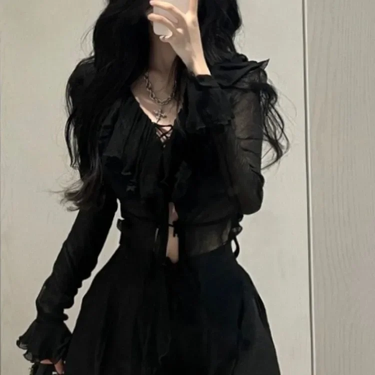 Mode V-Ausschnitt Rüschen schwarz Langarm Cardigan Mujer y2k hohe Taille lose weites Bein Hosen 2024 Sommer neue zweiteilige Sets