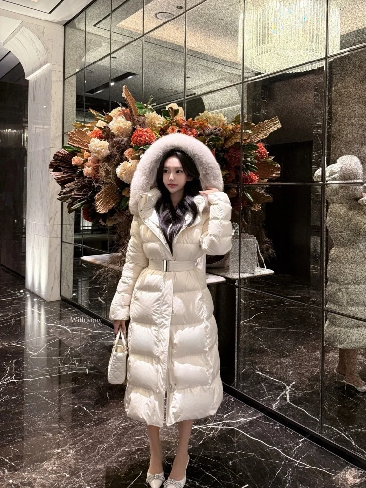 

Женское стеганое пуховое пальто Jaet с меховым воротником и капюшоном, облегающее длинное све, теплое, антиветровое, белое пуховое пальто средней длины с поясом