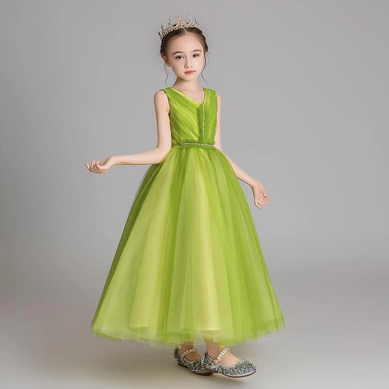 Meisjes V-hals Mouwloos Top Geplooid Tule Tienerjurk Klein concertjurk Junior bruidsmeisjesjurk Verjaardag Communie / Op maat