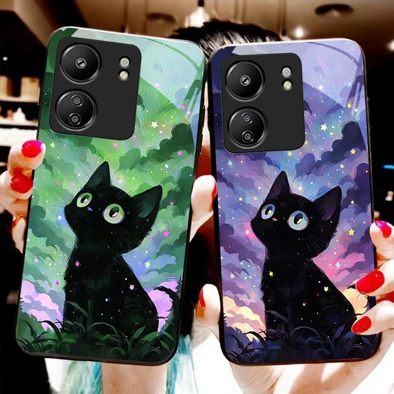 Cute Little Cat Black For Xiaomi Redmi 13C Note13 12 Pro Plus 5G Note 9 13T Pro POCO X6 F5 F6 Black Tempered Glass Phone Case