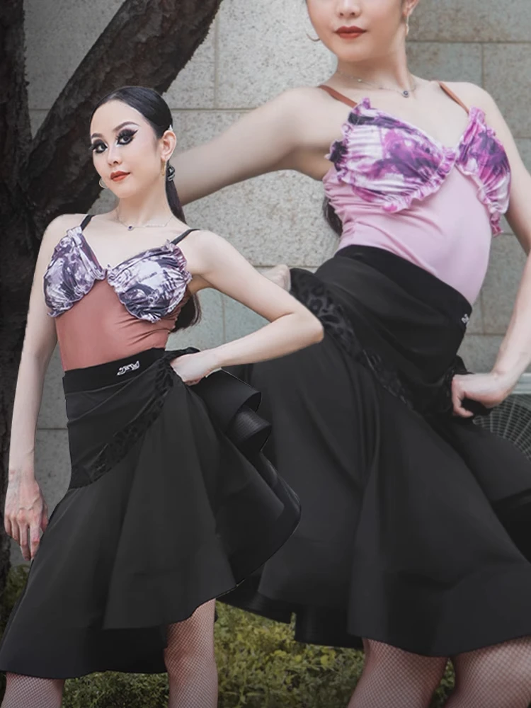 여름 라틴 댄스 스트랩 점프수트 피쉬본 플레어 스커트 내셔널 스탠다드 연습복 ADL191