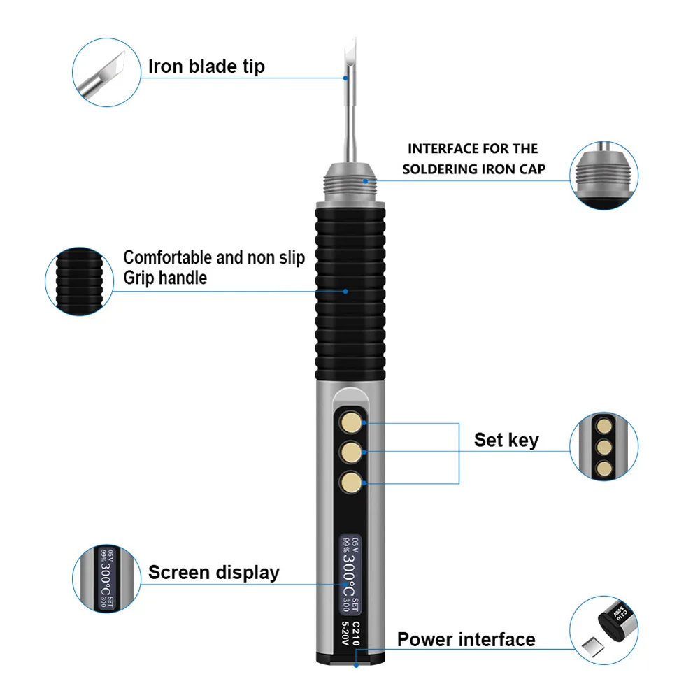 C210 Smart Soldering Iron Fast Heating Digital Display & USB Powered Portable 5-20V Temperature Control Soldering Iron Kit