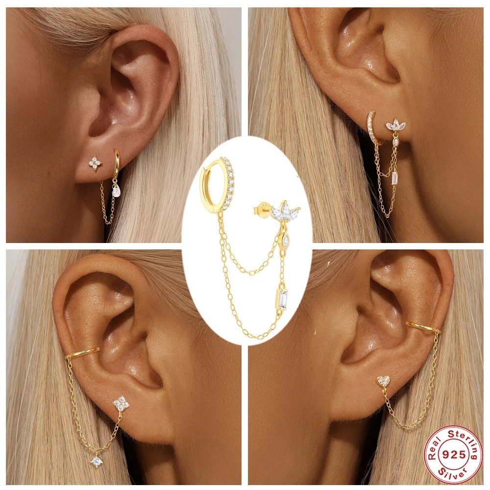 

Aide 925 Sterling Silver White Zircon Double Circle Chain Hoop Earrings For Women Ear Bone Cuff Buckle Cartilage Huggie Earrings