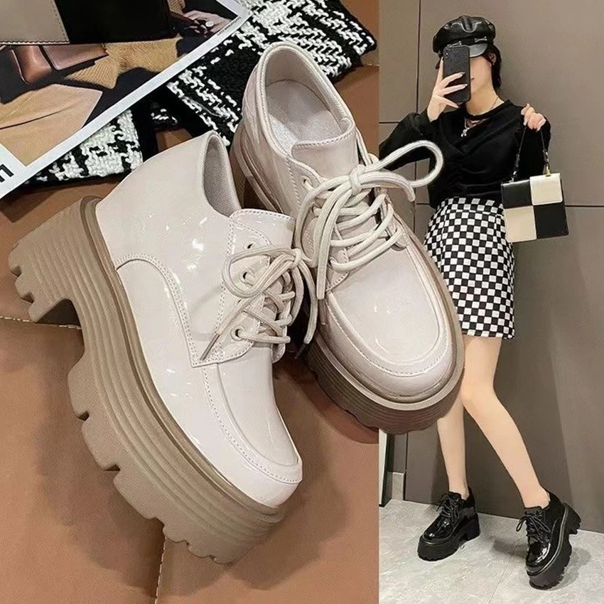 

Spring Fall Women's Shoes New Line Matsuke Sole Casual Shoes Lace-up Lacquer Leather Glossy Top Lefu Shoes Single Shoe Fashion