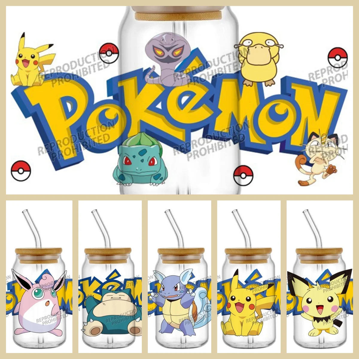 

40 New Design 3D Japanese Anime Kawaii Pokemon Decal UV DTF Cup Wrap for 16oz Libbey Glasses DIY Cartoon Mug Transfer Sticker