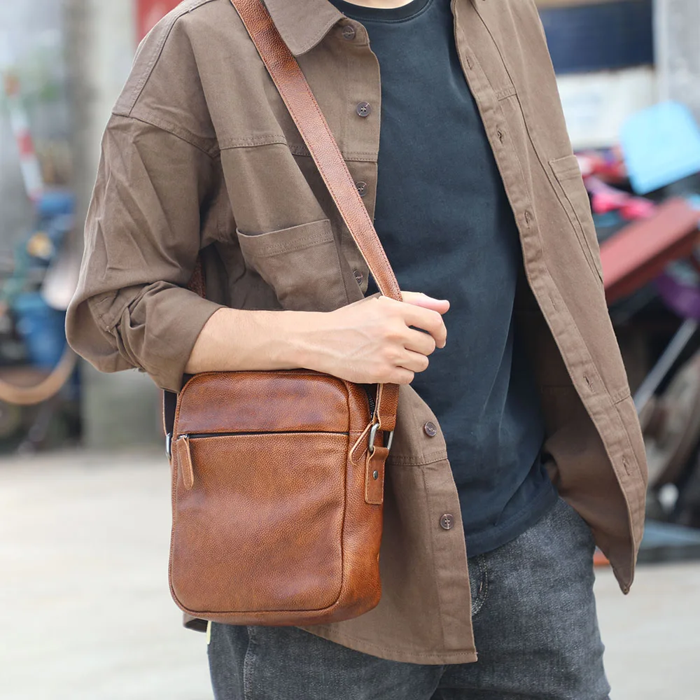 Vintage Echtleder Herren-Umhängetaschen Handgefertigte Crossbody-Messenger-Taschen für Männer Handy & Schlüssel – Detail 4
