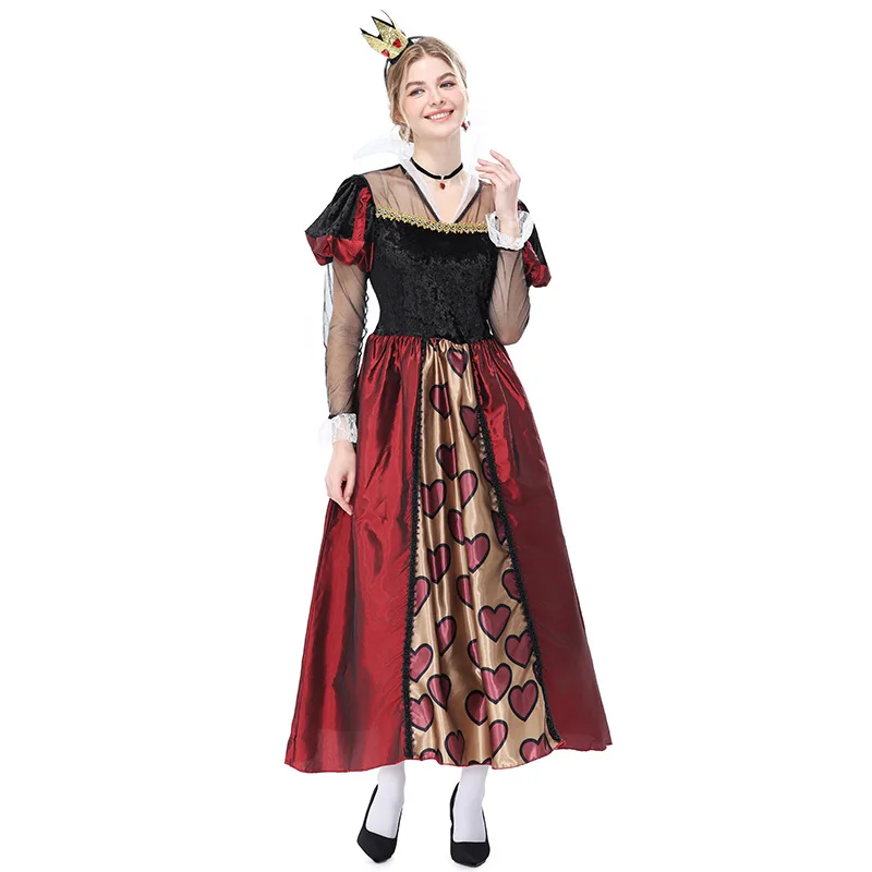 Disfraz de Halloween para mujer adulta, disfraz de Reina de Corazones, vestido largo con estampado de corazones rojos y negros de la corte real, vestido de fiesta para juegos de rol