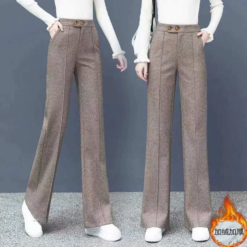 Pantaloni dritti in misto lana spessa di grandi dimensioni Pantaloni larghi in lana stile coreano Pantaloni larghi a vita alta nuovi casual invernali da donna