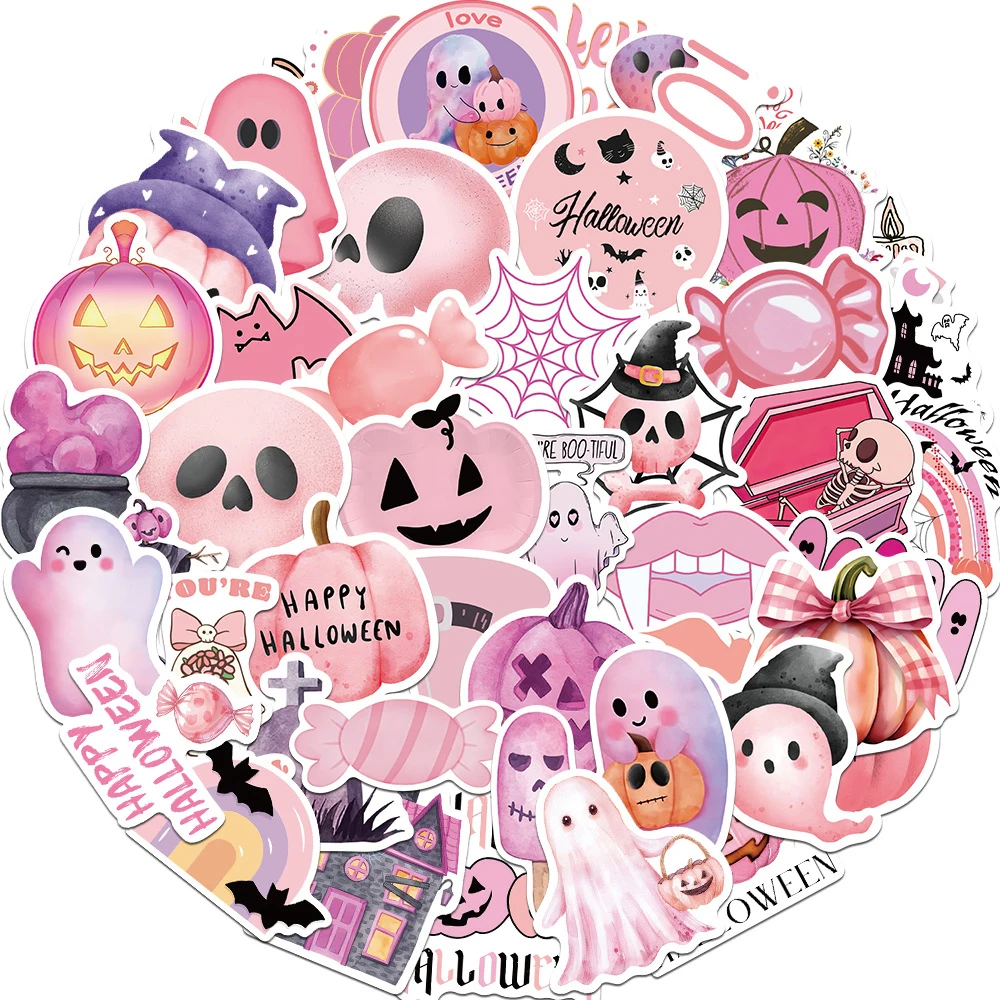 

10/30/50PCS Cute Pink Halloween Pumpkin Ghost Cartoon Decoration Sticker DIY Phone Laptop Luggage Graffiti Decals Fun for Toy