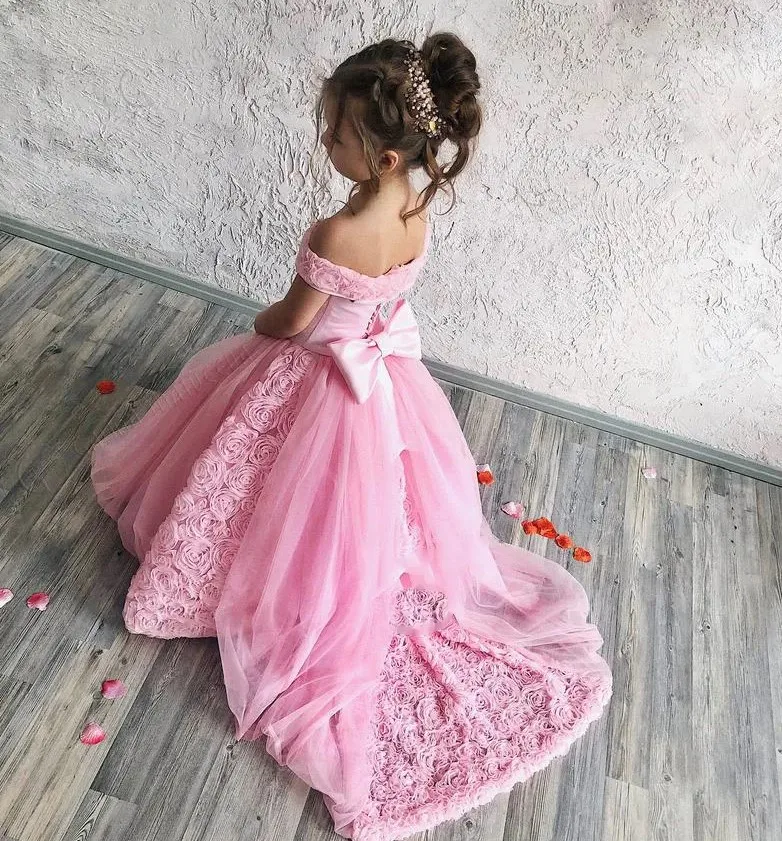 Cute Blush Pink Flower Girl Dress For Wedding Bow Belt Lovely  Flowers Princess Party Luxury Birthday Evening First Communion