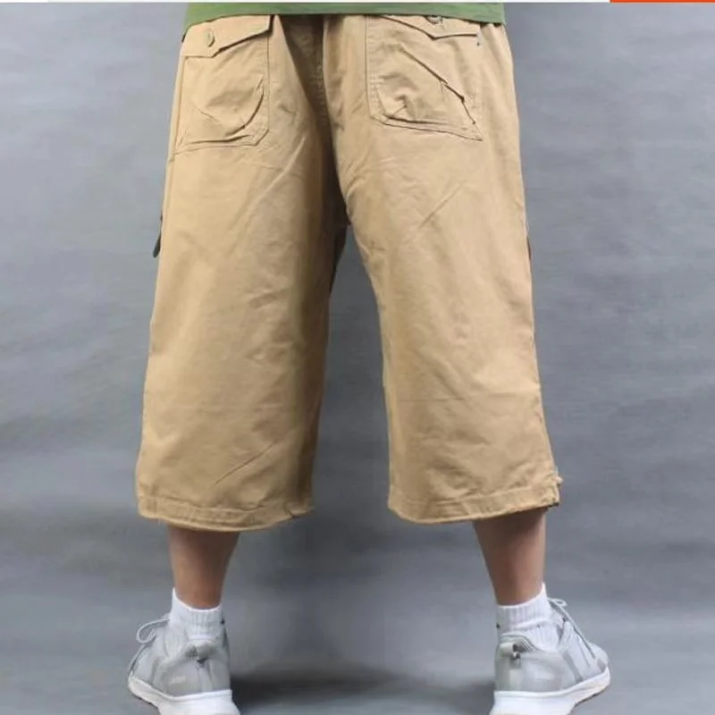 남성용 캐주얼 크롭 팬츠, 느슨한 뚱뚱한 하의, 카고 반바지, 3 가지 색상, 카키 아미, 플러스 사이즈 코튼, 트렌드, 여름