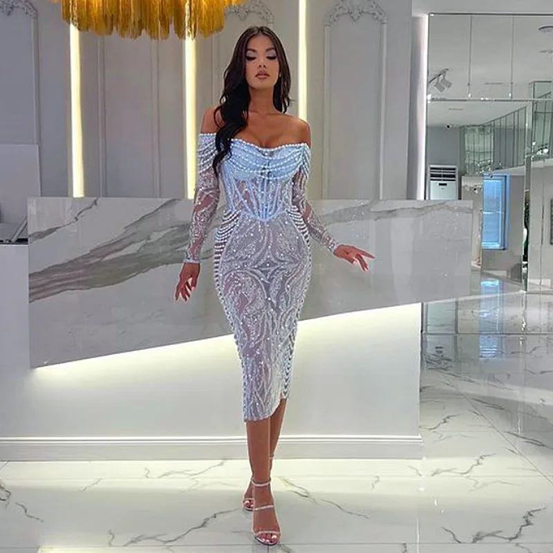 2025nova chegada requintado bordado frisado sexy sheer strapless fora do ombro vestido elegante vestido de festa