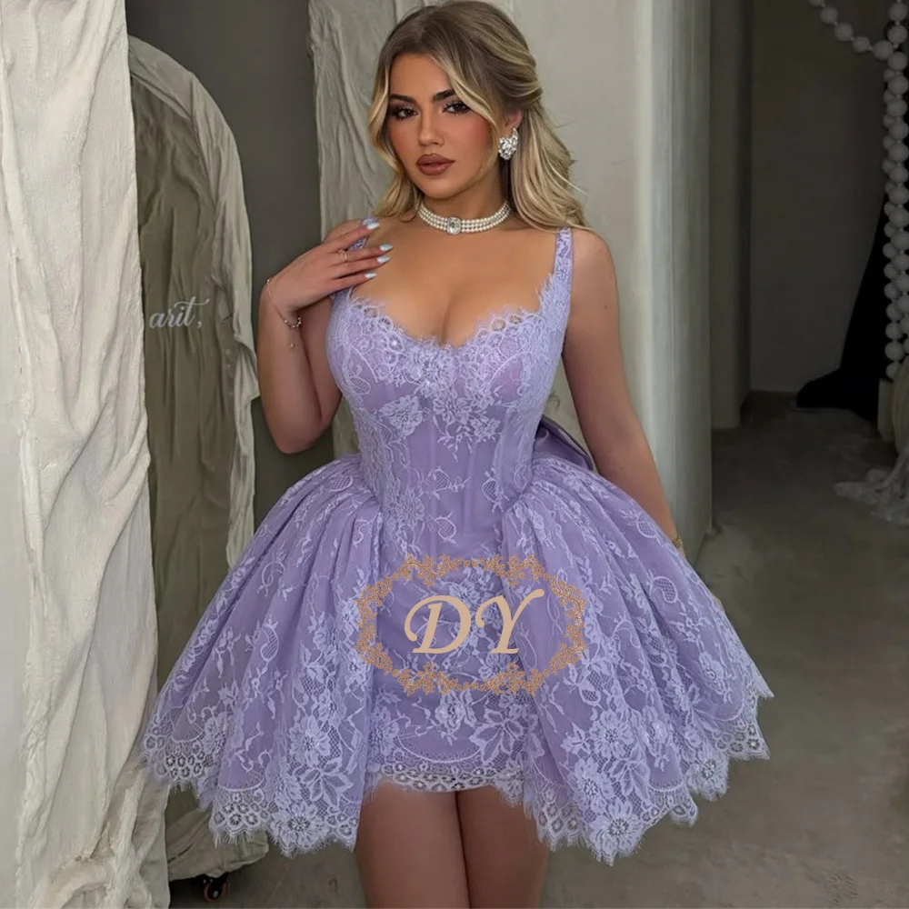 

DY Fairy Purple Lace Short Prom Cocktail Dress Spaghetti Straps Square Collar Mini Homecoming Party Gown Customized Corset