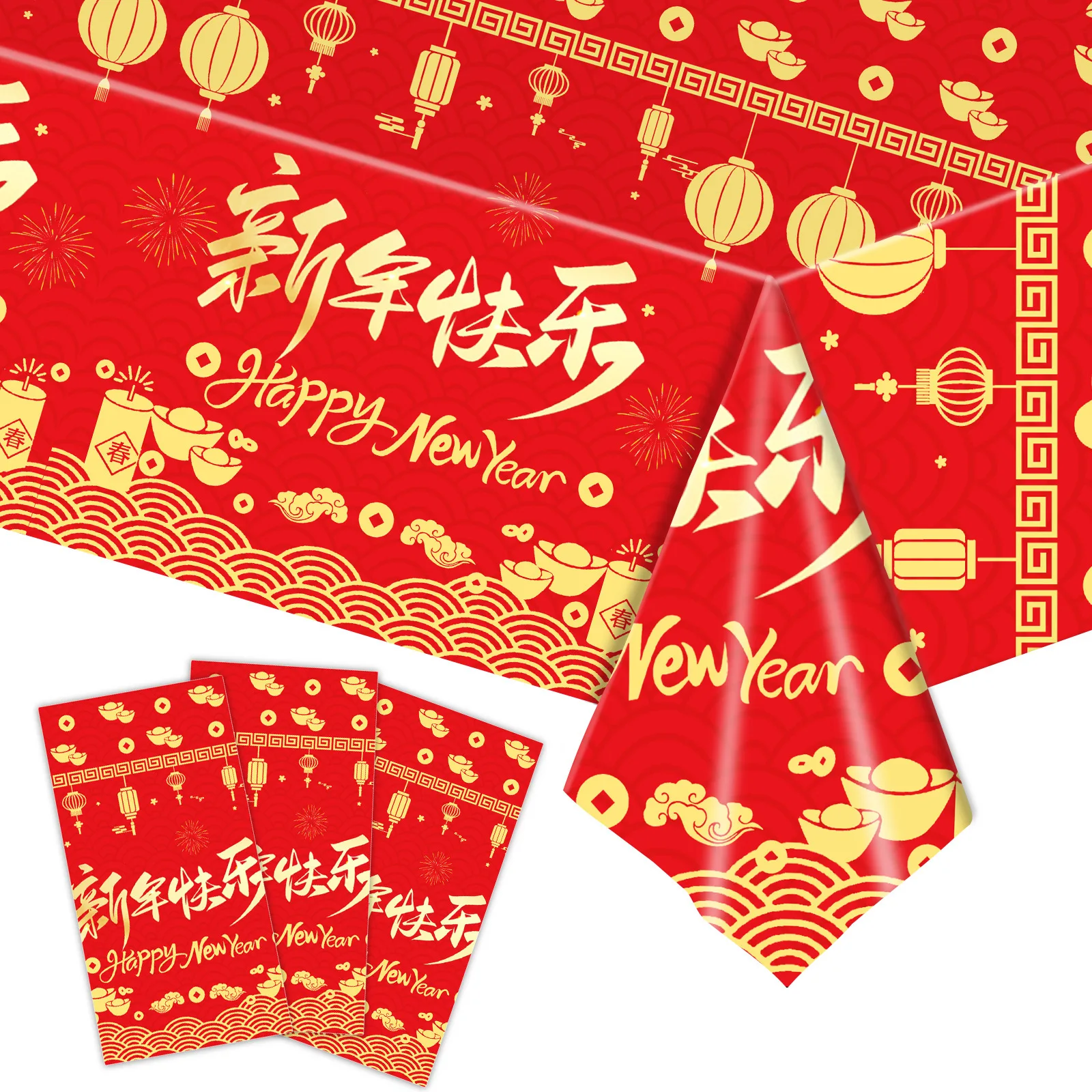 2025 Chinese New Year Tablecloth Disposable Red Plastic Table Cover with Lantern Firework for Lunar Spring Festival Party decorr