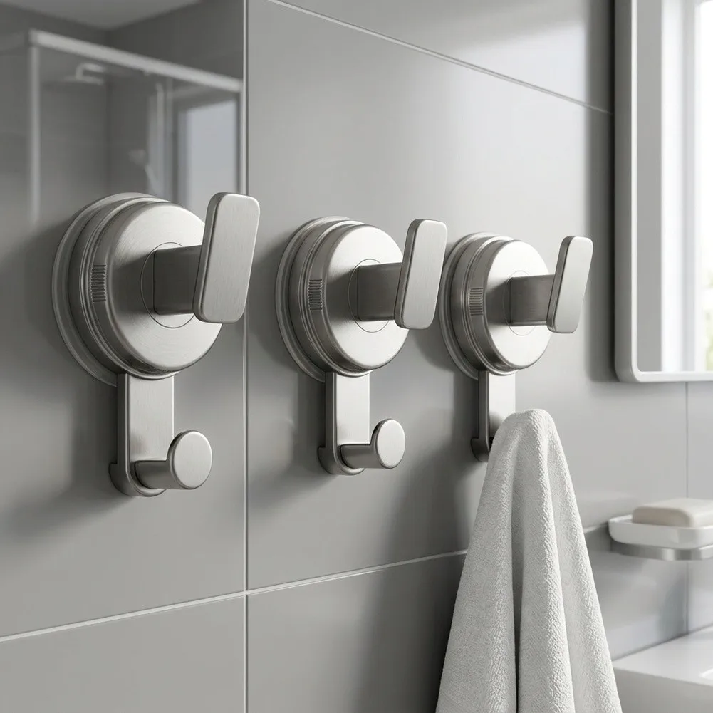 3-Piece Suction Cup Hook Set for Bathroom Kitchen Walls Doors No Drill Required Strong ABS Hooks for gunmetal Gray