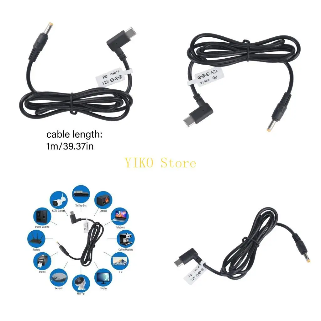 K32C Type C Input Cable for DC4017 12V Equipment, USB C End, Center Positive 36W 1M Cord for Short Distance Cable Routing