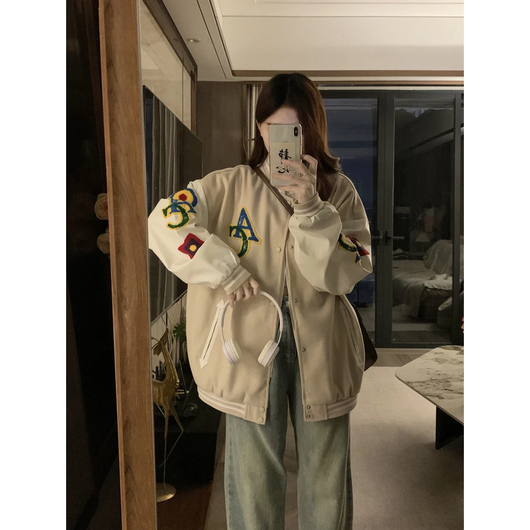 

Ретро-американская повседневная бейсбольная куртка с вышивкой, женская свободная осенняя верхняя одежда, универсальное пальто из полиэфирного волокна