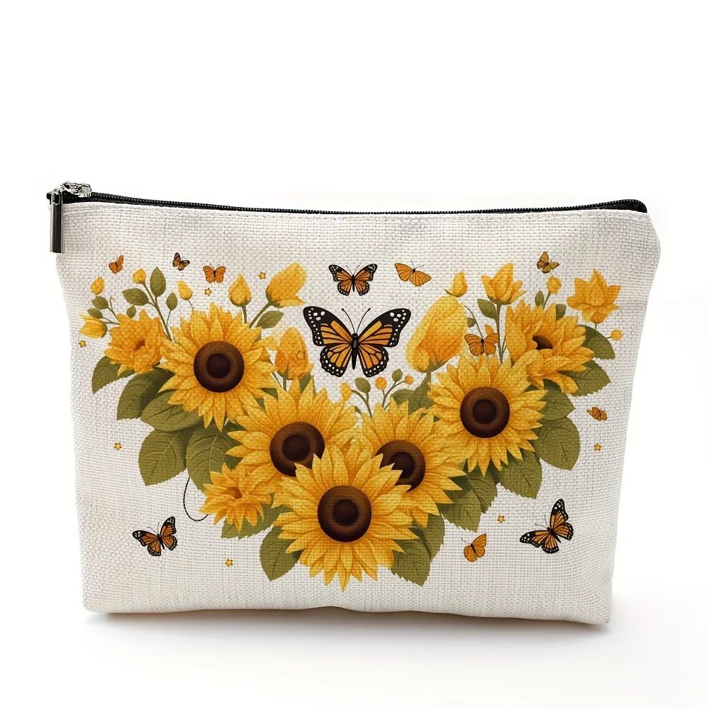 Sunflower & Butterfly Cosmetic Bag - Versatile Toiletry Organizer - Ideal Friendship/Valentine\'s Day Gift - Secure Zip Closure