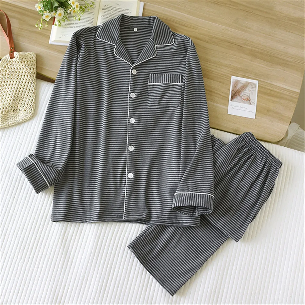 Men's Loose Striped Pajamas Set Autumn German Fleece Home Clothes Long Sleeve Shirt Pants Sleepwear Nightwear Pajamas Set